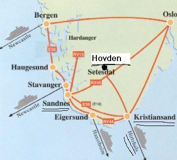 Kort med Kristiansand, Sandness og Hovden